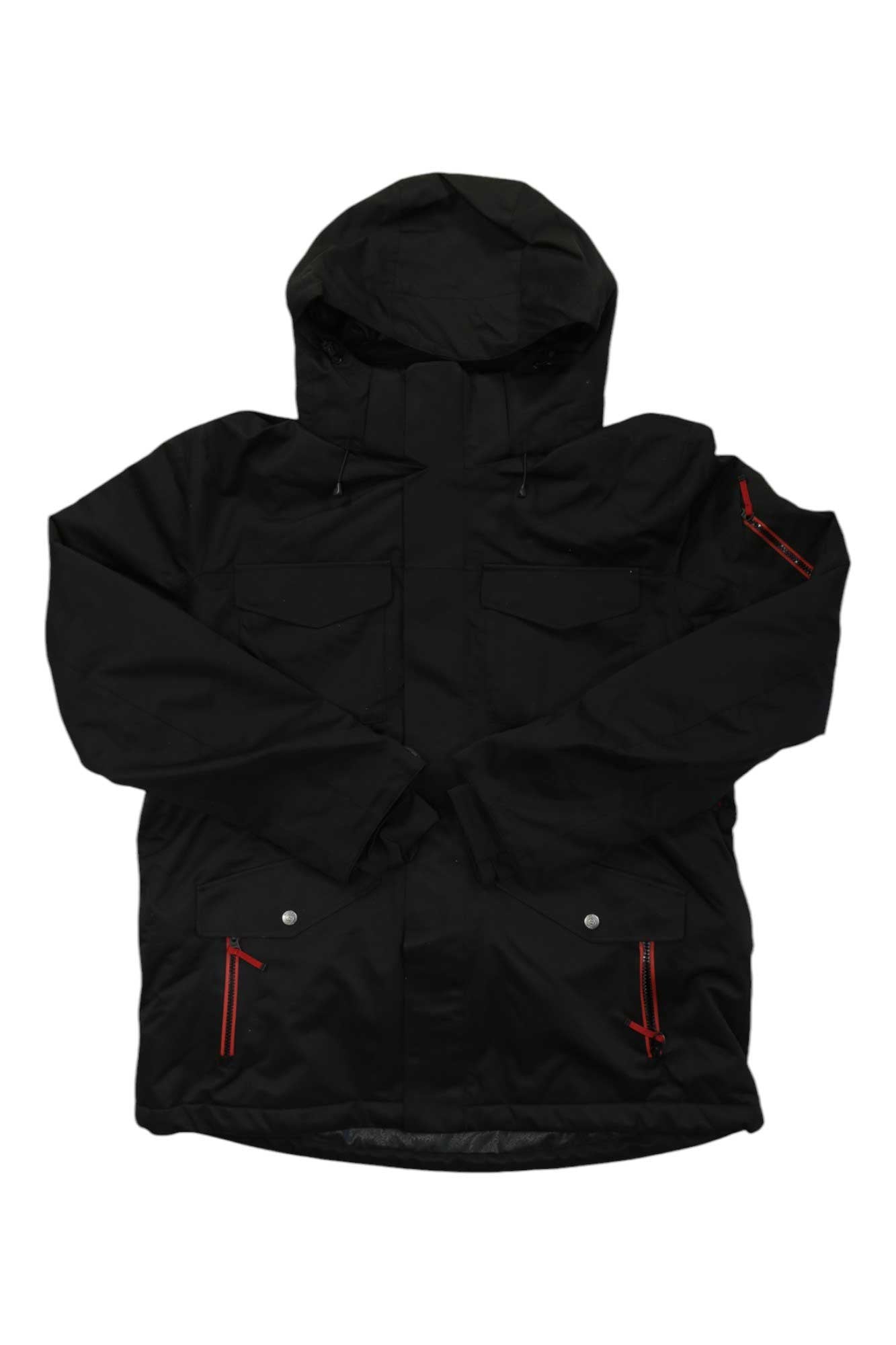 The Boulder Gear Men's Teton Jacket is a black hooded outdoor jacket with long sleeves, red zipper pocket accents, two chest pockets, and a zippered left sleeve pocket, shown on a white background.