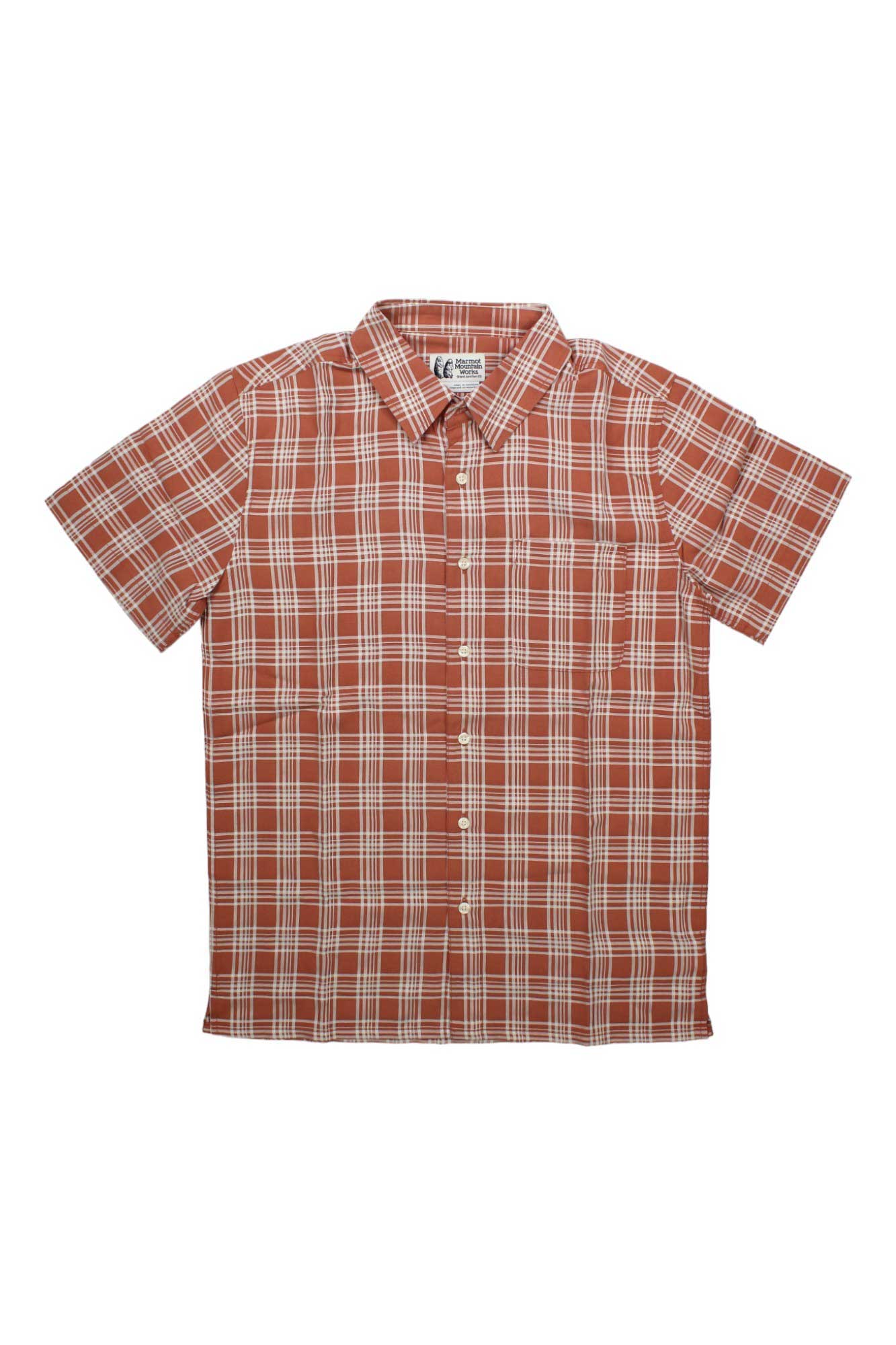The Marmot Mens Eldridge Novelty Classic SS Shirt is a lightweight short sleeve shirt with a red, white, and beige plaid pattern, featuring a classic collar and left chest pocket.