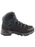 A black and dark gray Lowa Womens Badia GTX Boot with blue accents and gray laces is shown from the side, highlighting its rugged sole and GORE-TEX waterproof design against a white background.