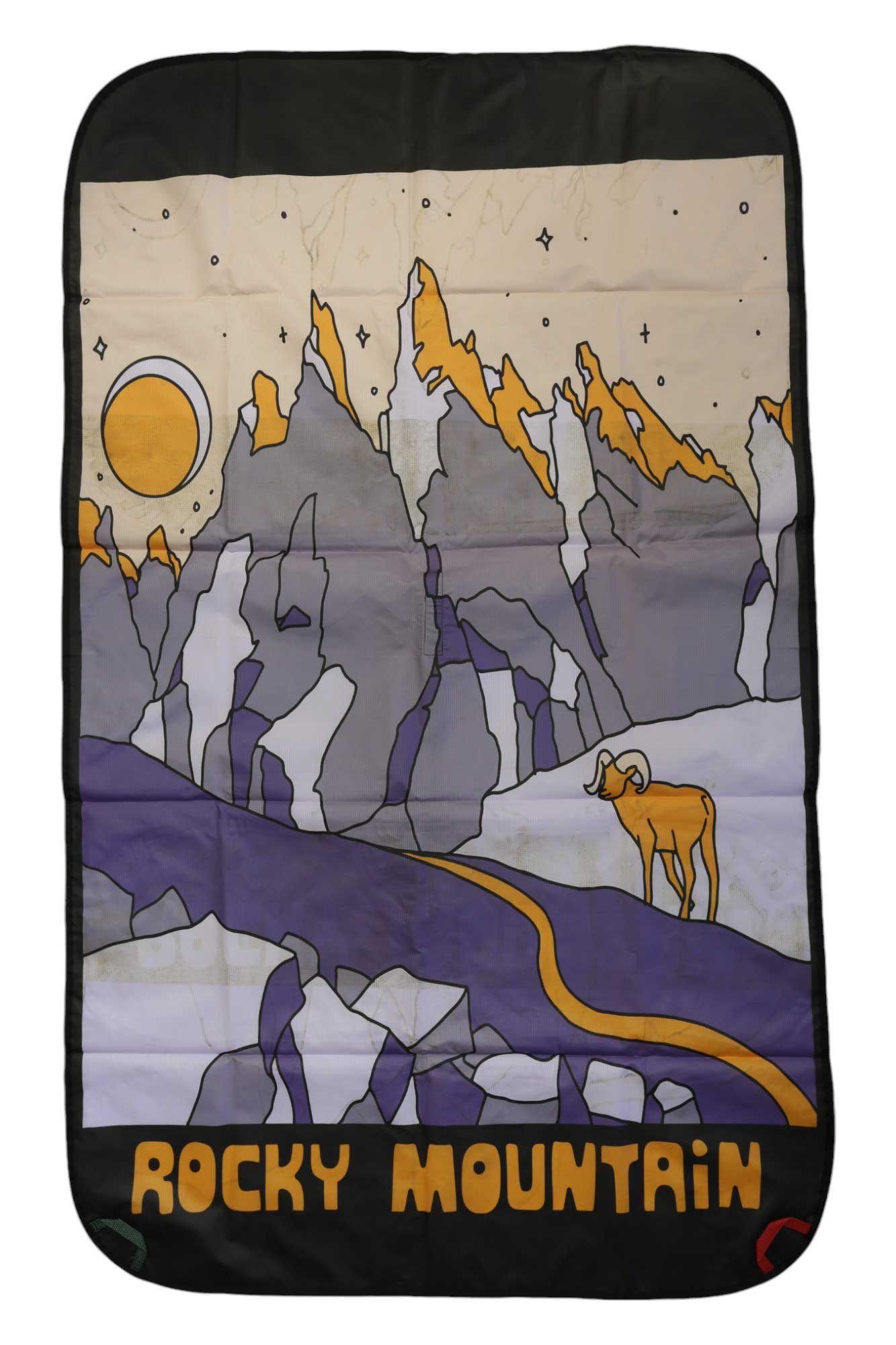 The Lacaida Rope Tarp showcases jagged gray mountains with gold peaks, a yellow sun, purple winding path, bighorn sheep, and "Rocky Mountain" at the bottom—ideal for relaxing under your camping shelter or waterproof canopy.