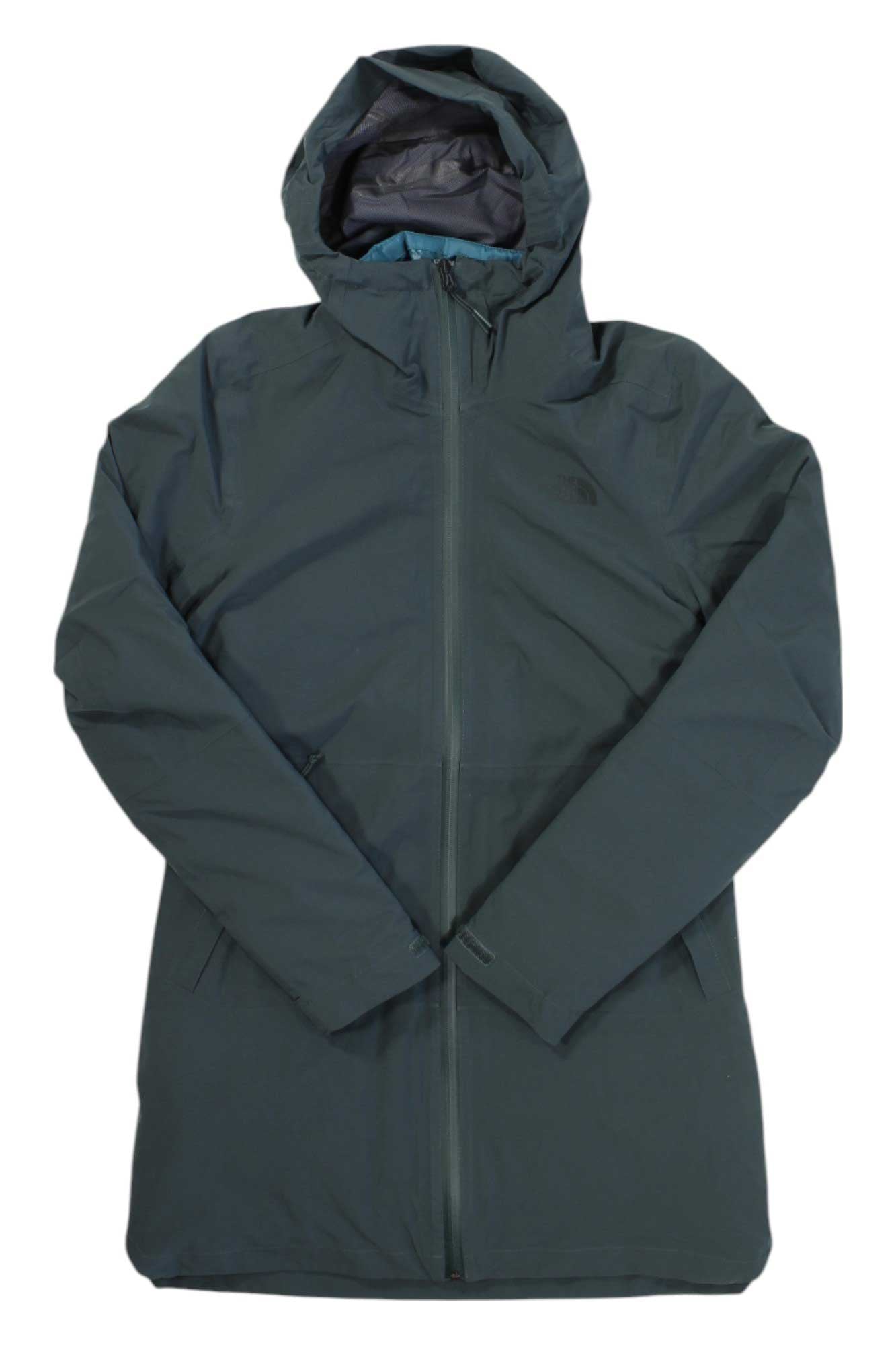 The North Face Womens ThermoBall Eco Triclimate Parka is a long, dark green hooded rain jacket with a front zipper, long sleeves, and a subtle left chest logo, shown flat on a white background. This parka is waterproof and designed for women.