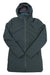 The North Face Womens ThermoBall Eco Triclimate Parka is a long, dark green hooded rain jacket with a front zipper, long sleeves, and a subtle left chest logo, shown flat on a white background. This parka is waterproof and designed for women.