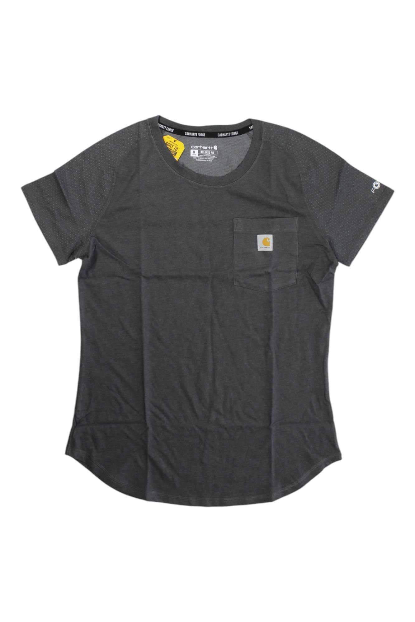 A Carhartt Womens Force Relaxed Fit Midweight T-Shirt in dark grey, with short sleeves, a chest pocket featuring a small square logo patch, and moisture-wicking fabric is laid flat on a white background.