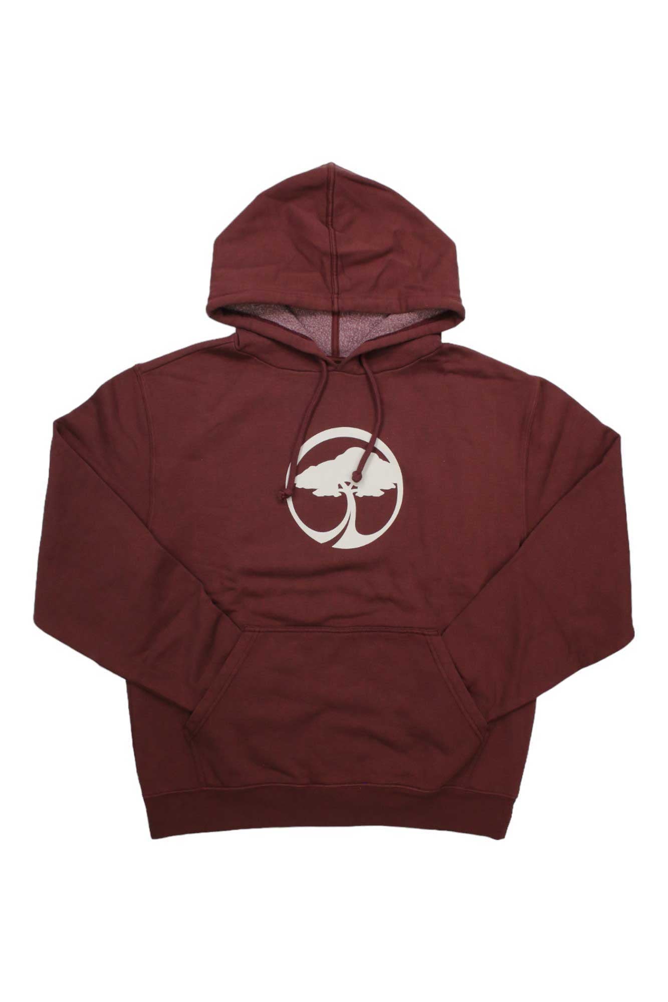 The Arbor Icon Hoodie is a casual maroon unisex hoodie made from soft organic cotton, featuring a front pocket and a white circular tree graphic on the chest.