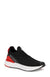 The Spyder Tanaga Sock Sneaker - Black/Fiery Red features a black textured knit upper, white cushioned sole, red heel accents, "SPYDER" printed on the side, and a sleek low-profile design.