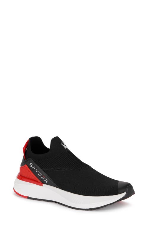 The Spyder Tanaga Sock Sneaker - Black/Fiery Red features a black slip-on mesh upper, white cushioned sole, red heel accents, low-top design, and "SPYDER" printed on the side for comfort and style.