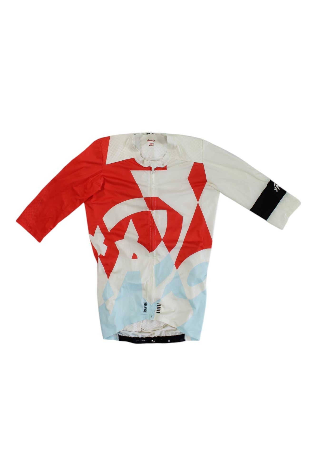 Men's cycling aero jersey with red, white, and light blue graphic paneling