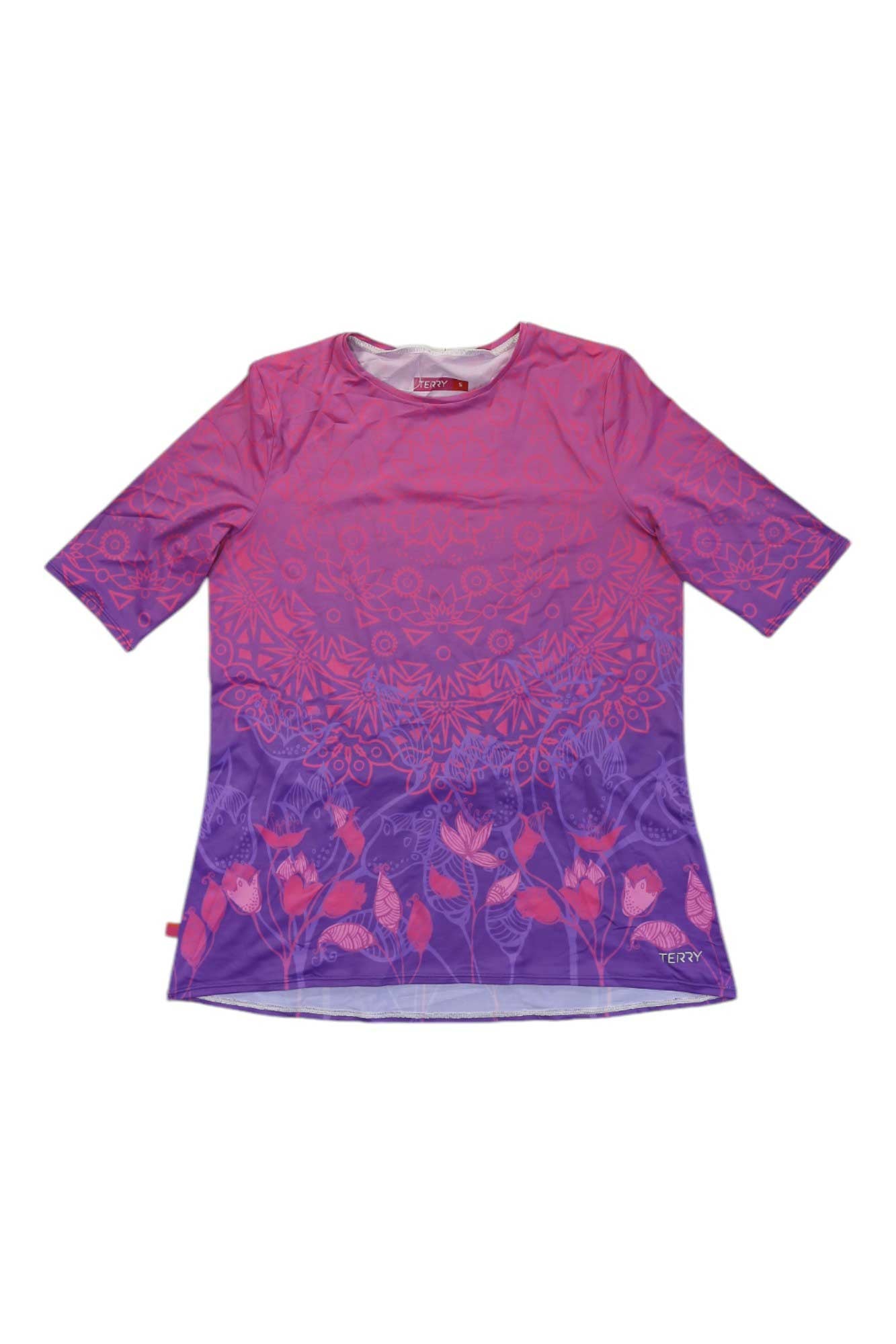 Women’s short-sleeve crewneck flow top with magenta and purple abstract print