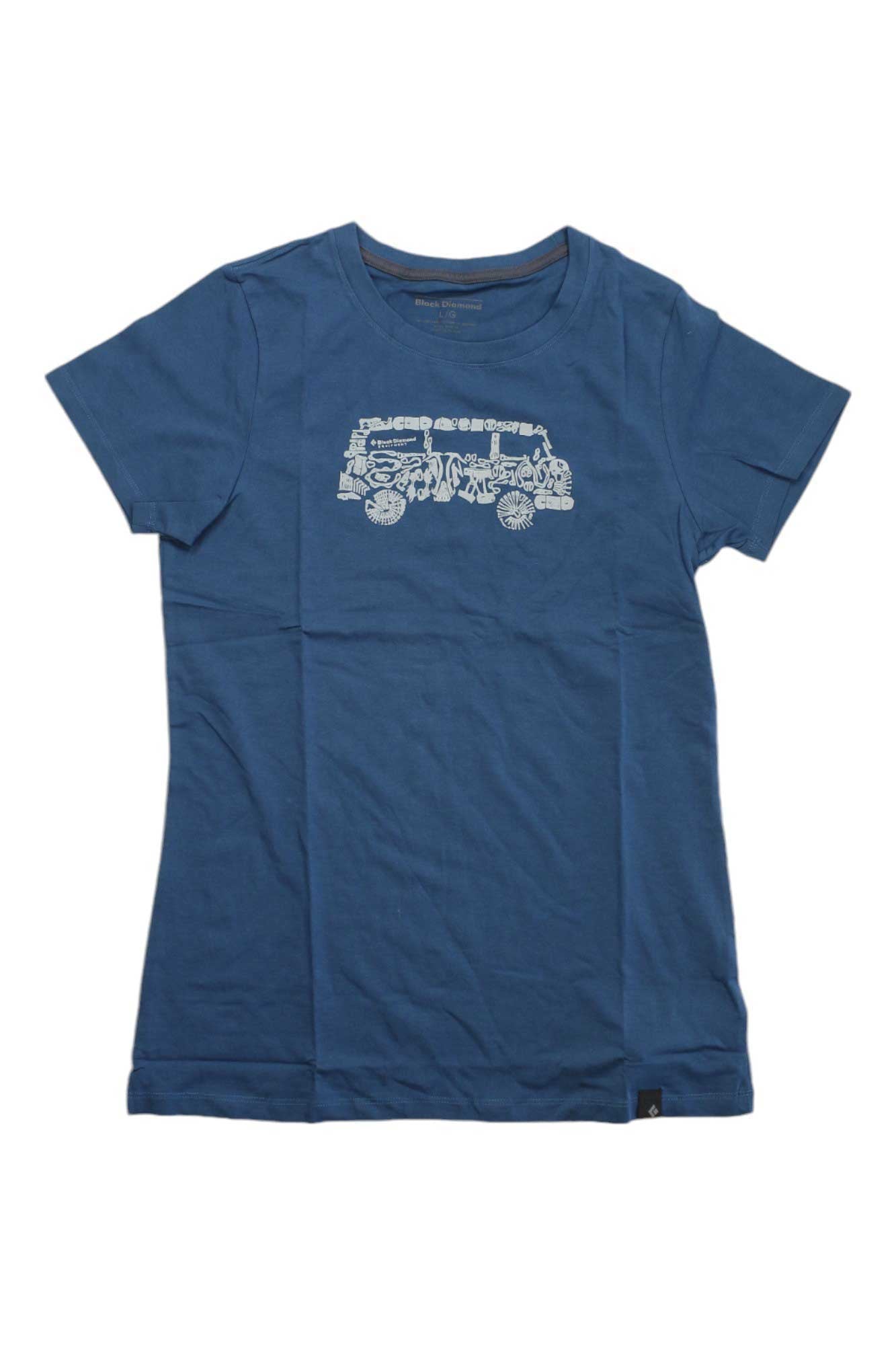 The Black Diamond Womens Vantastic Tee is an organic cotton blue shirt with a white van and surfboards graphic, shown on a plain white background.