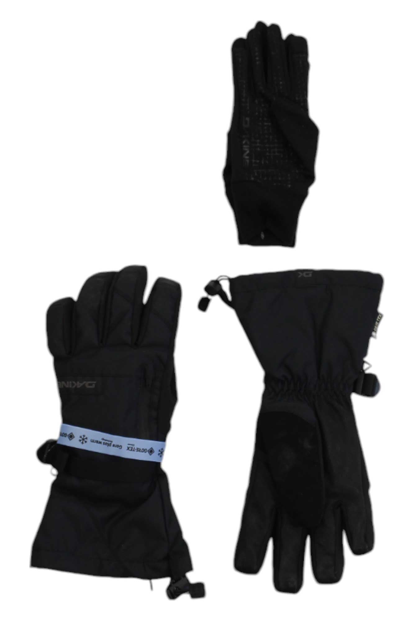 Three Dakine Men's Leather Titan GTX Gloves are shown on a white background—two palm-up, one palm-down, and one with a blue wristband. These insulated gloves look waterproof and ideal for cold weather snowsports.