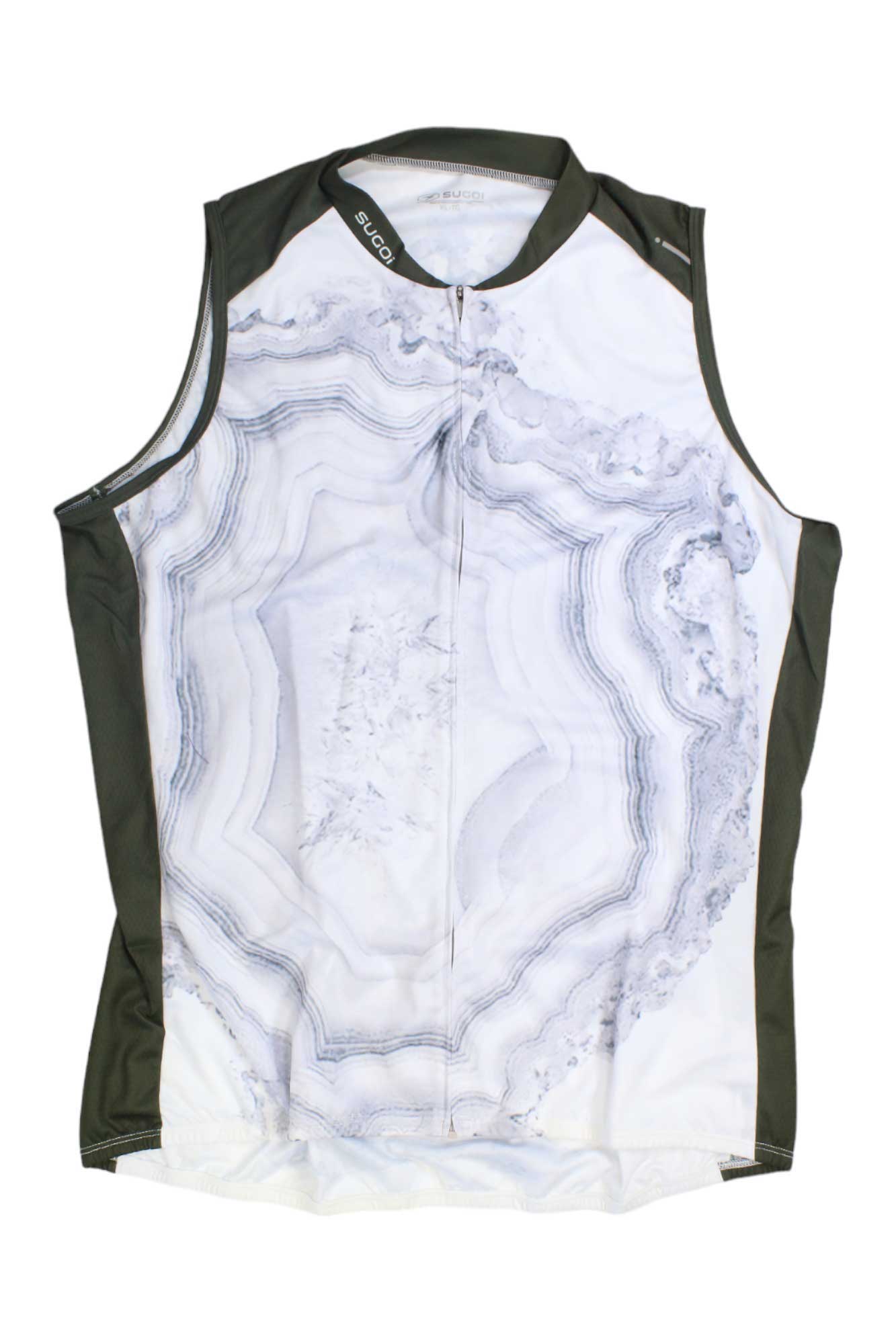 The Sugoi Women's Evolution Zap SL Jersey is a sleeveless, moisture-wicking cycling jersey with a white and gray marble pattern, dark gray sides and trim, full front zipper, and a small collar logo.