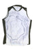 The Sugoi Women's Evolution Zap SL Jersey is a sleeveless, moisture-wicking cycling jersey with a white and gray marble pattern, dark gray sides and trim, full front zipper, and a small collar logo.