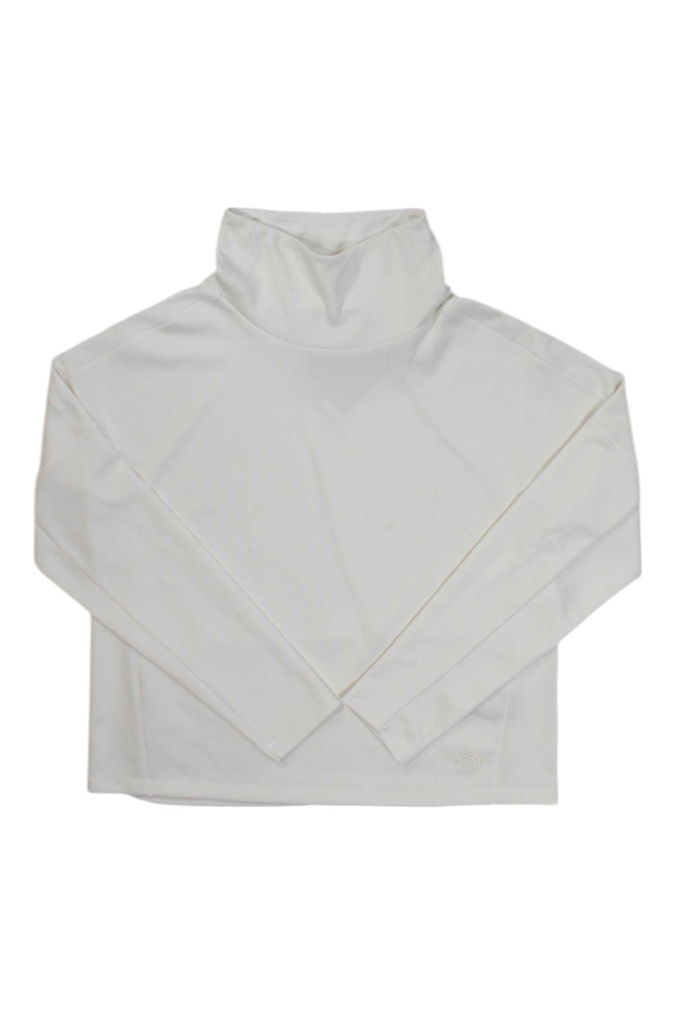 The North Face Womens EA Basin Funnel Neck LS Pullover is a long-sleeve, plain white turtleneck shirt for women, shown laid flat on a crisp white background.