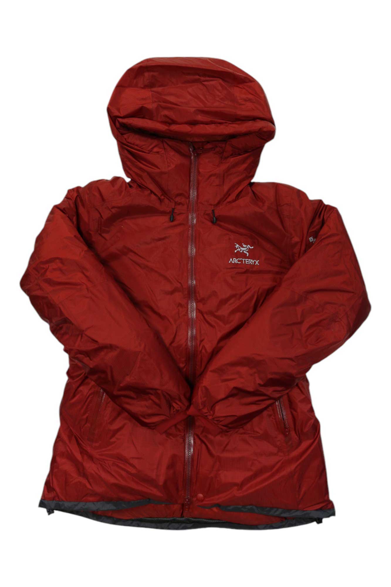 Women's Firebee AR Down Parka in red, hood up, zip-front insulated jacket