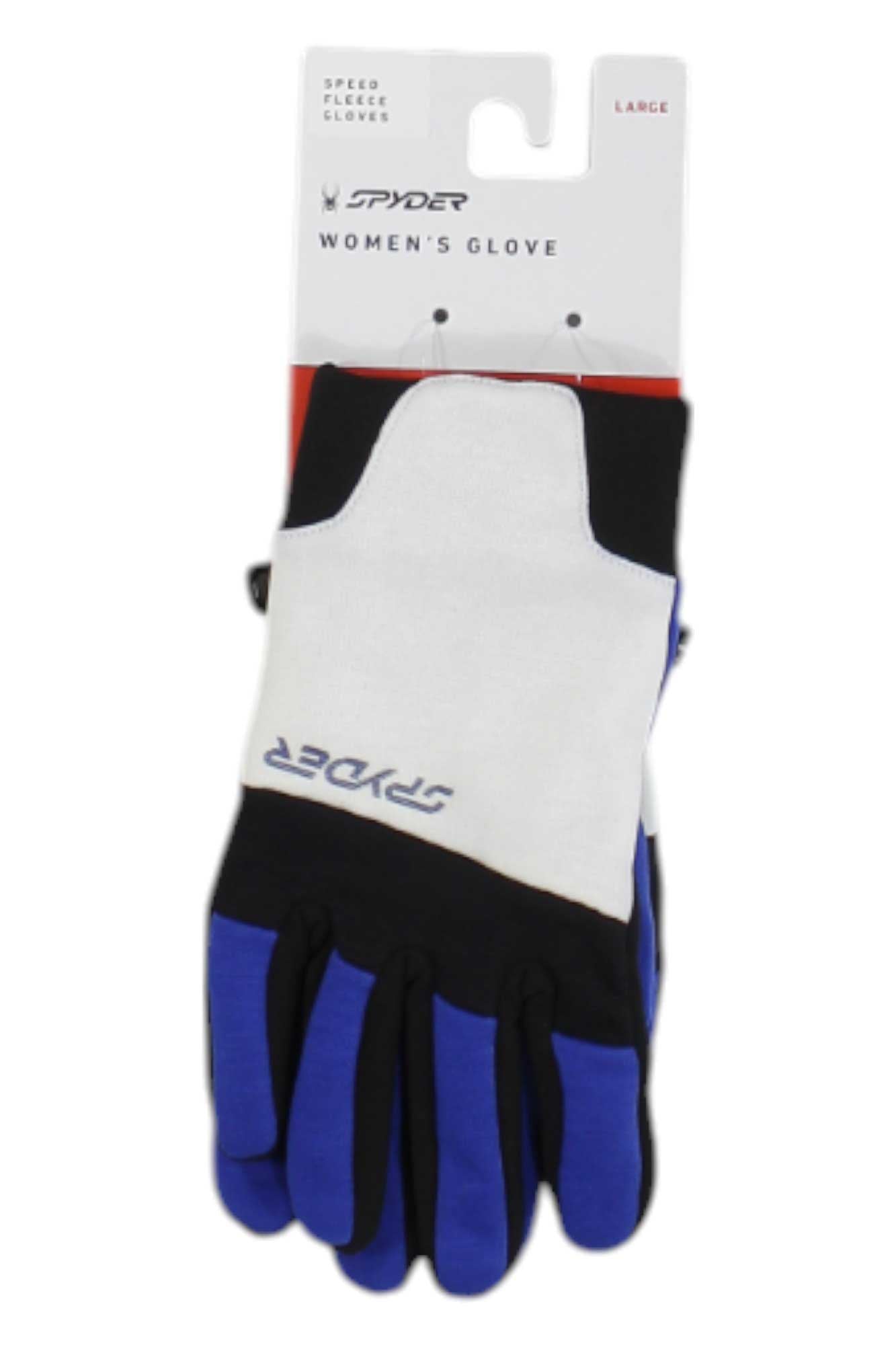 A pair of Spyder Womens Speed Fleece Gloves in size large, featuring white, black, and blue panels with the Spyder logo on the back of one glove.