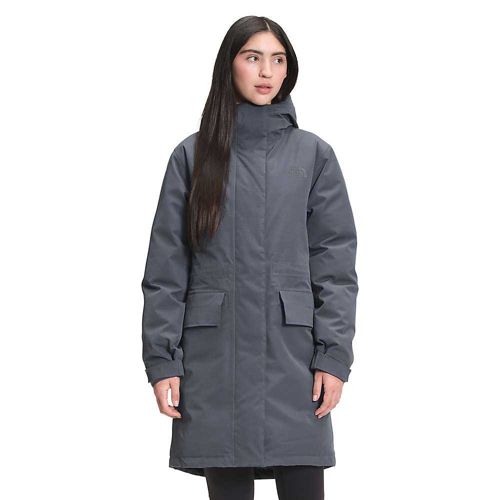 Women's expedition parka in gray, high collar with front pockets and The North Face logo