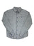 The Mens Long-Sleeved Vjosa River Pima Cotton Shirt, featuring blue and white plaid, a collar, front pocket, and button-up design, is shown laid flat on a white background.