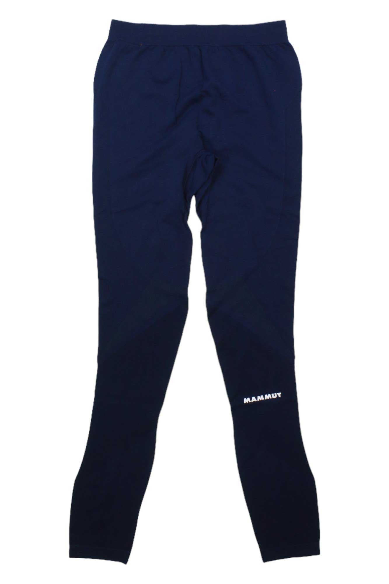 A pair of Mammut Mens Trift Long Tights in navy blue with "MAMMUT" in white on the left thigh, ideal for men's fitness, shown against a plain white background.