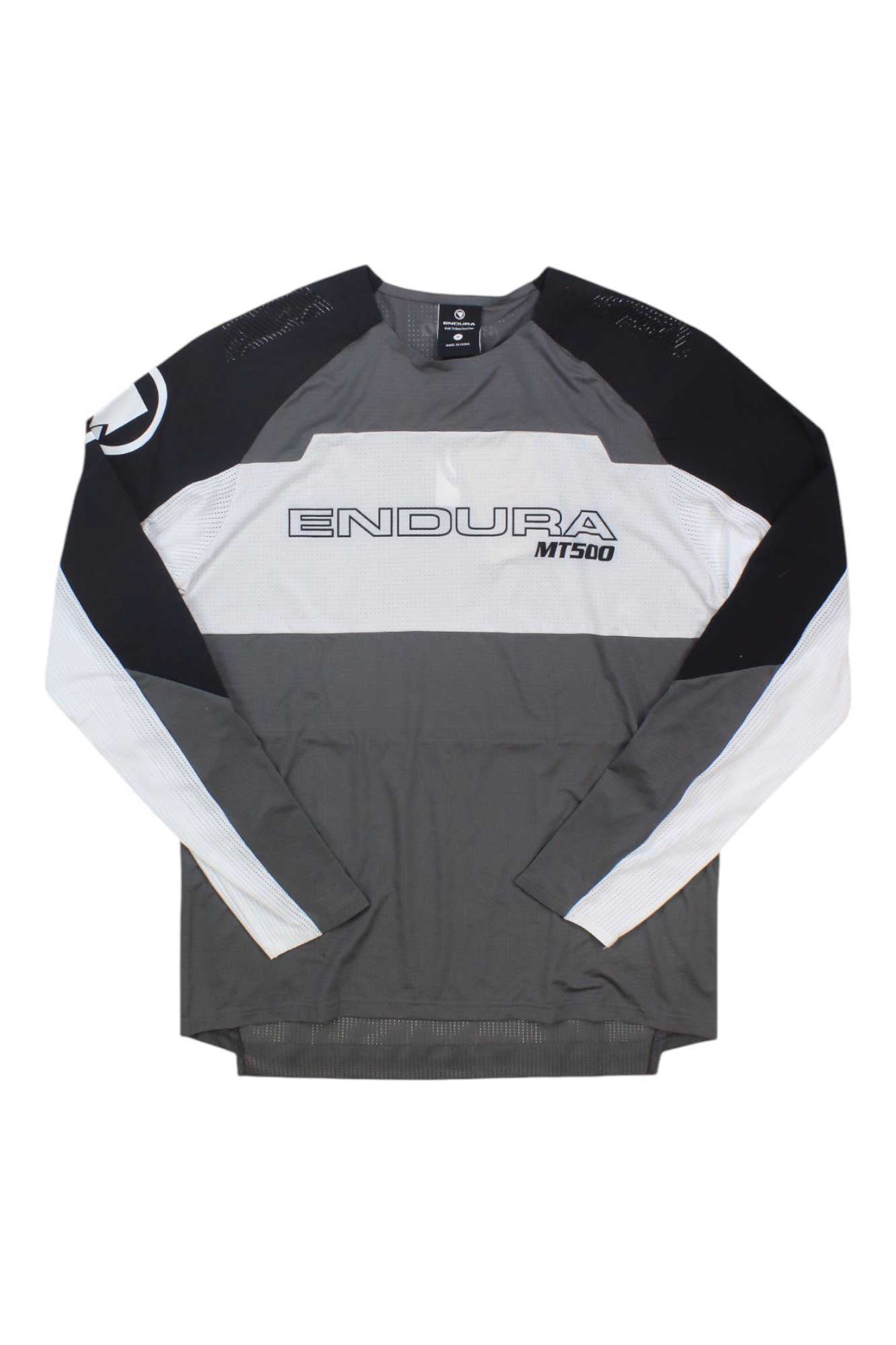 Men's long-sleeve cycling jersey with black sleeves, gray body, and white panel accents