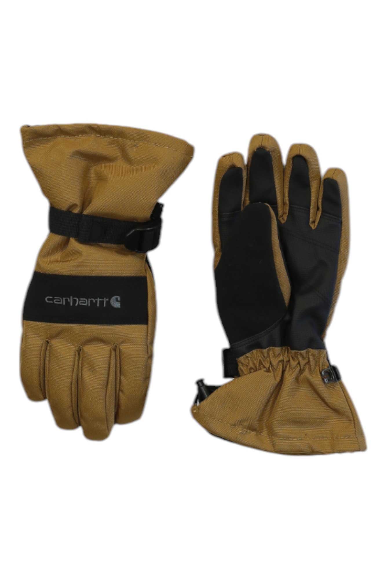 A pair of Carhartt Juniors Waterproof Gloves in brown and black, featuring adjustable wrist straps and insulation—ideal for outdoor work or play, with one glove shown palm up and the other palm down.