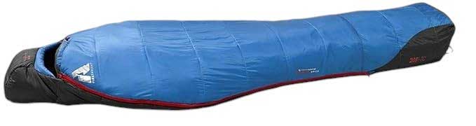 Blue and black 20-degree sleeping bag with hooded end and zipper