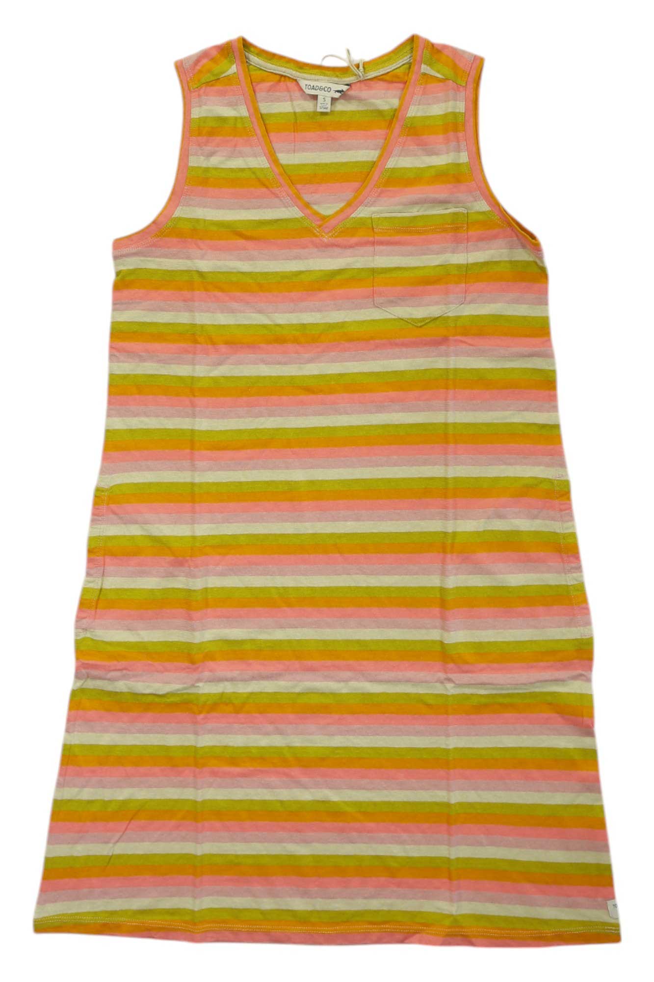 The Toad & Co Womens Grom Tank Dress is a sleeveless travel dress with a V-neck and chest pocket, featuring horizontal stripes in yellow, orange, pink, and white.
