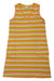The Toad & Co Womens Grom Tank Dress is a sleeveless travel dress with a V-neck and chest pocket, featuring horizontal stripes in yellow, orange, pink, and white.