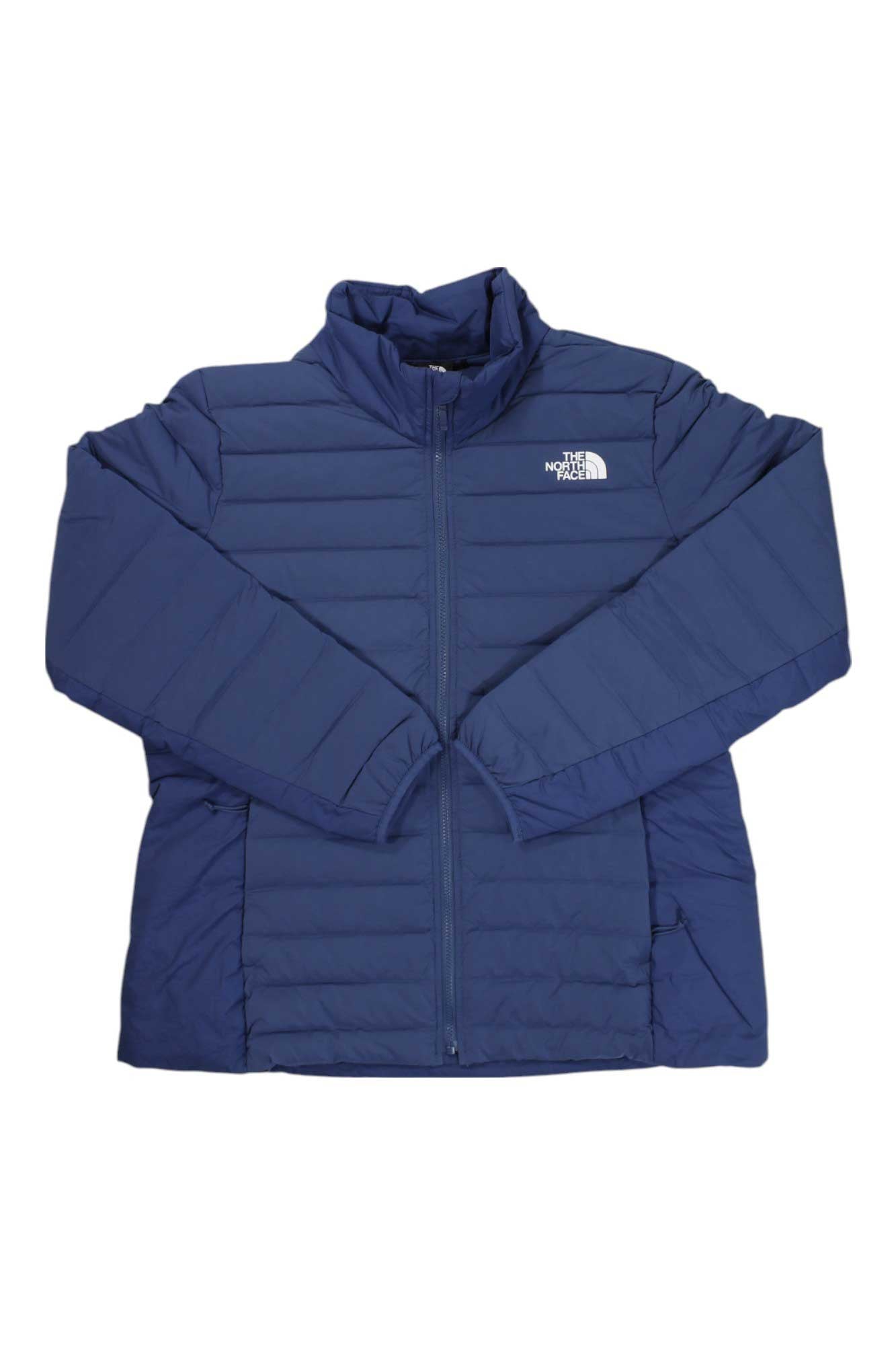 A blue The North Face Womens Plus Belleview Stretch Down Jacket with quilting, stretch fit, front zipper, and white logo on the left chest is laid flat on a white background.