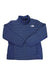 A blue The North Face Womens Plus Belleview Stretch Down Jacket with quilting, stretch fit, front zipper, and white logo on the left chest is laid flat on a white background.
