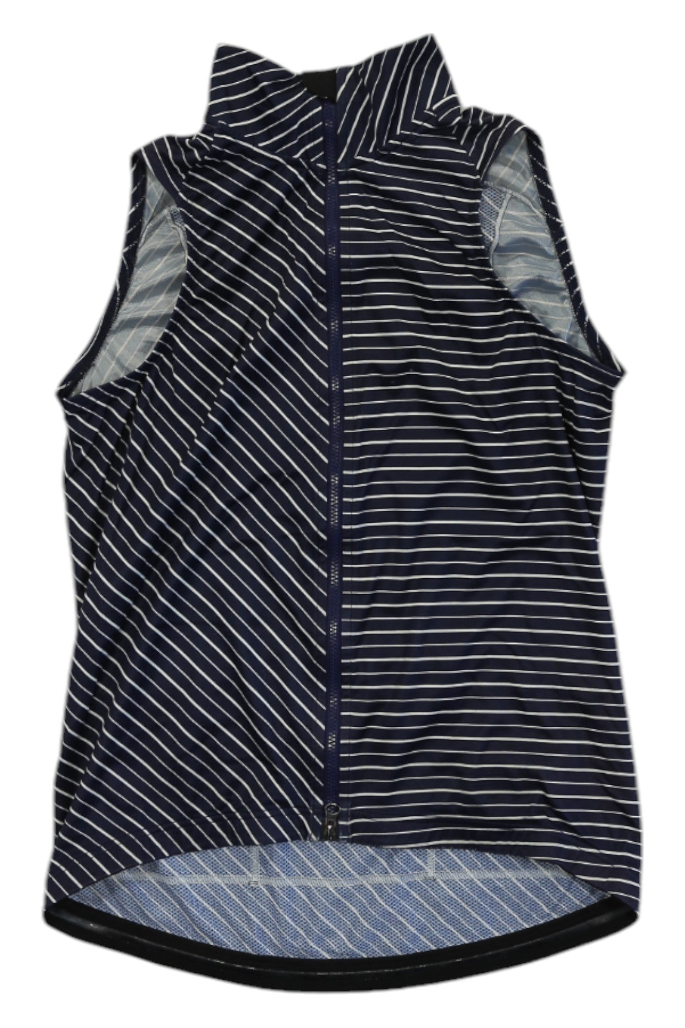 The Velocio Womens Wind Vest is a sleeveless, navy blue, water-resistant cycling vest with white diagonal stripes, front zipper, high collar, and a slightly longer back hem. Lightweight and breathable fabric ensures comfort on every ride.