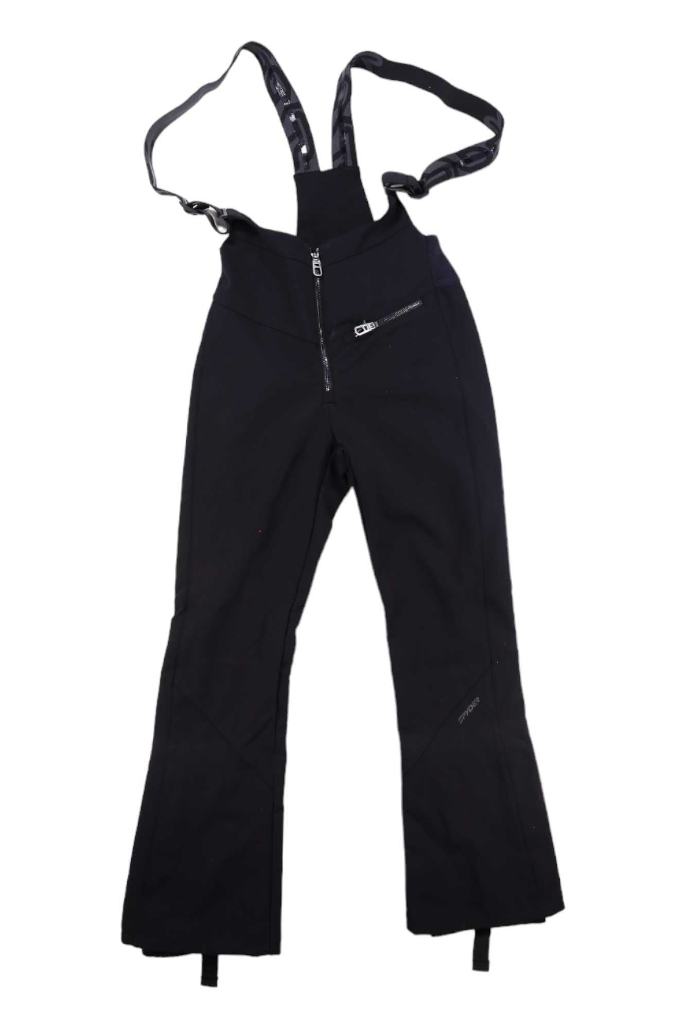 Dark softshell bib ski pants featuring front zip and adjustable suspender straps