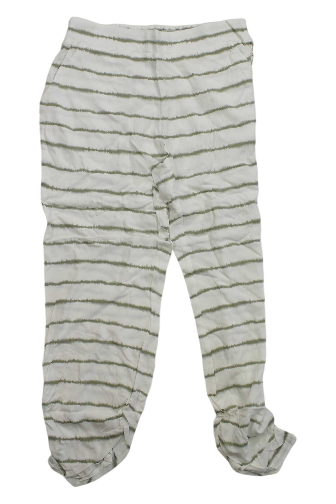 A pair of Avery Beach Pants for women in a relaxed fit and light fabric, featuring horizontal uneven dark stripes, laid flat on a white background.
