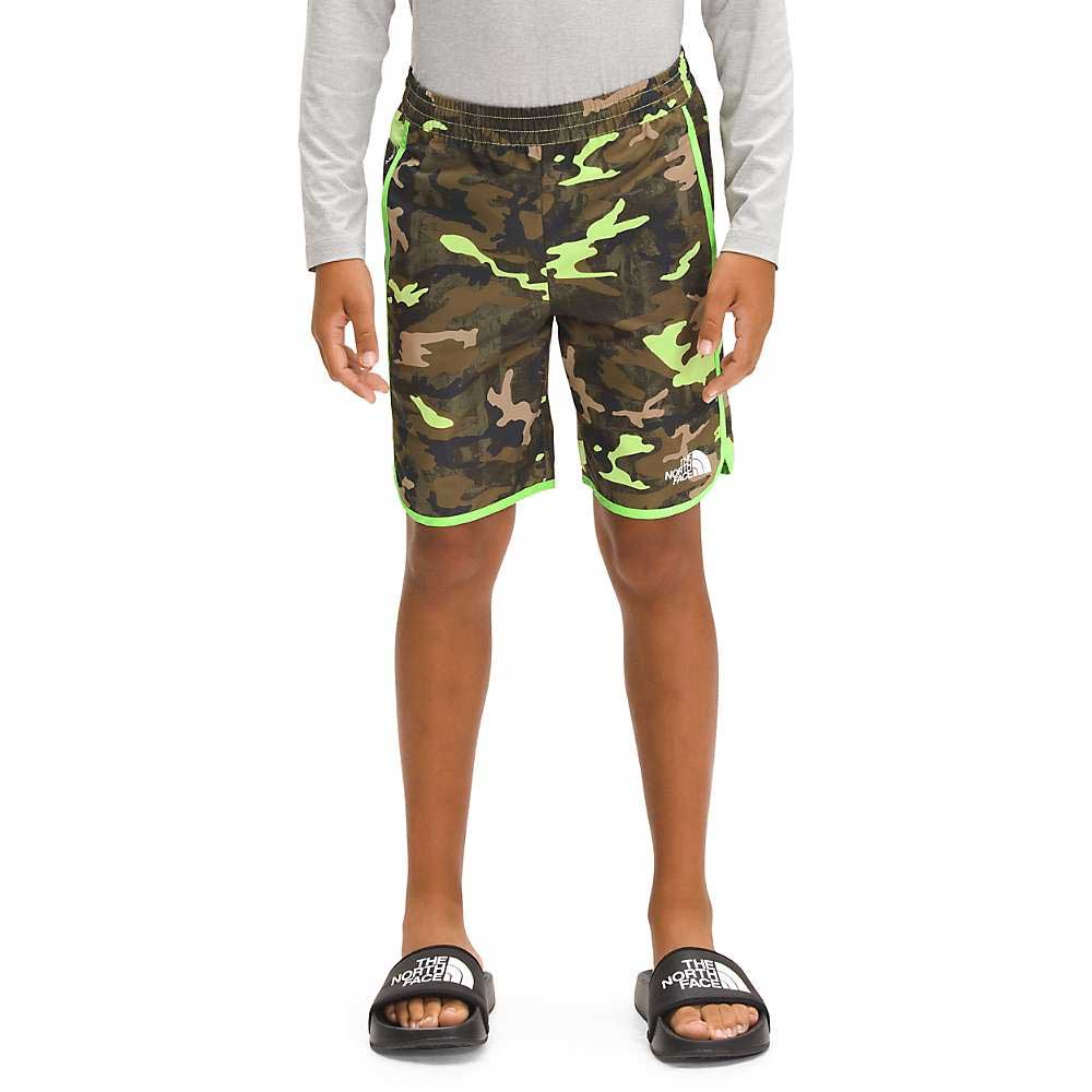 Boys camouflage water shorts with neon green piping and dark green leaf pattern