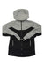 The Dynafit Womens Beast Hybrid Jacket features a color-block design with light gray on the top and sleeves, black on the lower half, a helmet-compatible hood, full front zipper, and a small logo on the left chest.