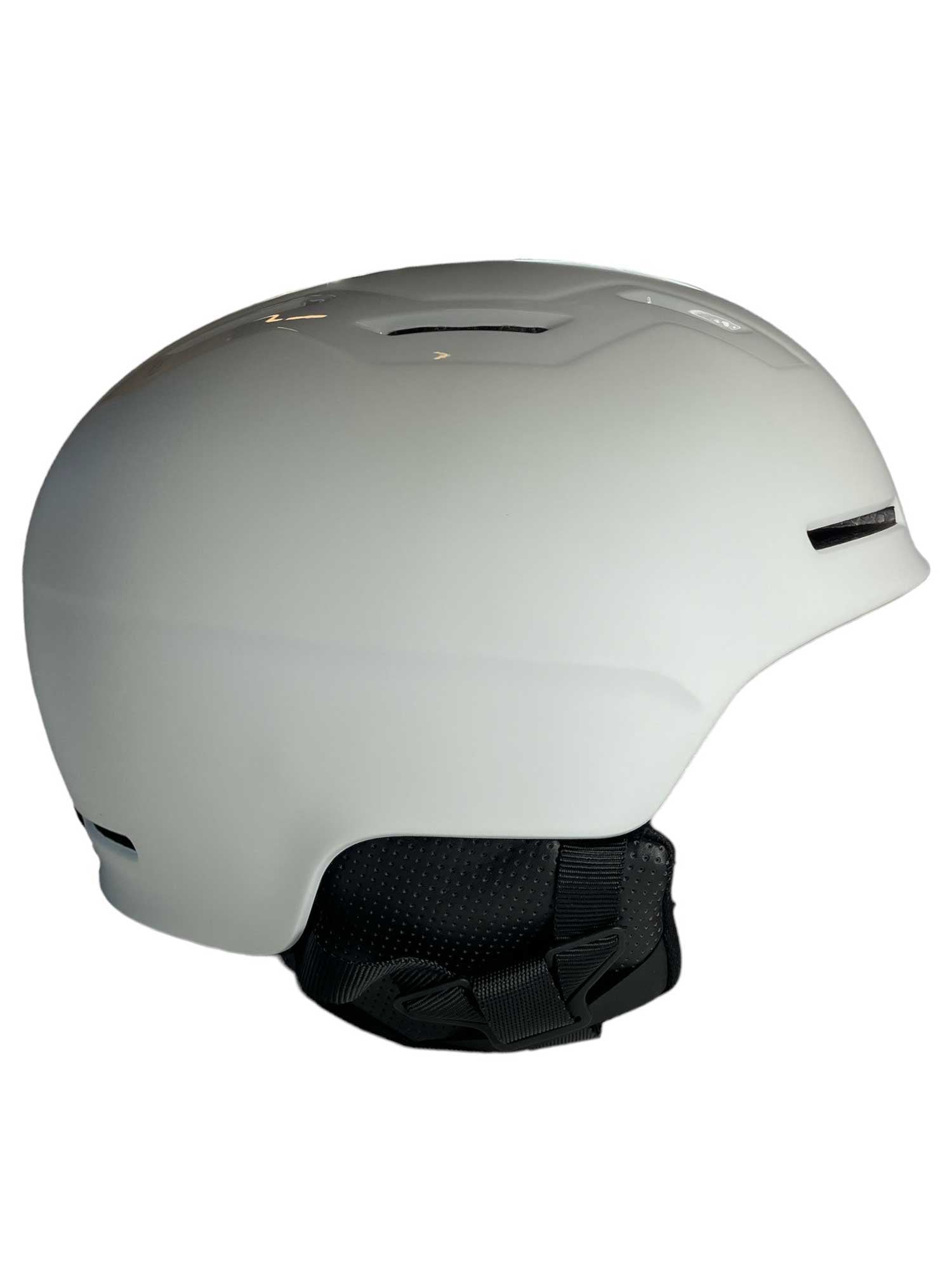 Bicycle MIPS helmet, matte white shell with black chin strap and MIPS label