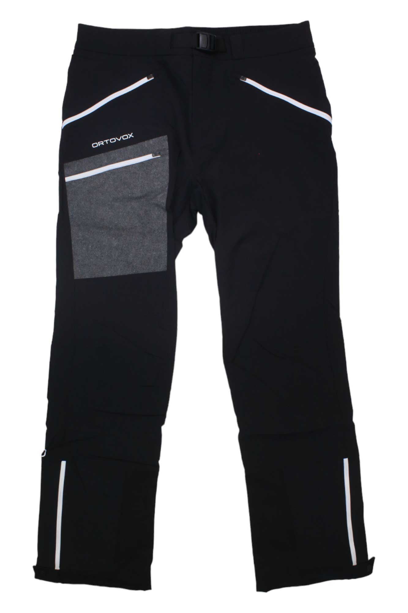 The Ortovox Men's Cevedale Pant is a black all-mountain ski pant with white zippers, a gray left thigh patch pocket, a small waist belt, and the Ortovox logo—ideal merino wool pants for skiing adventures.