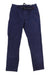 The Gramicci Womens Tapered Pant in dark blue cotton stretch twill features side pockets and a black belt, shown laid flat on a white background.