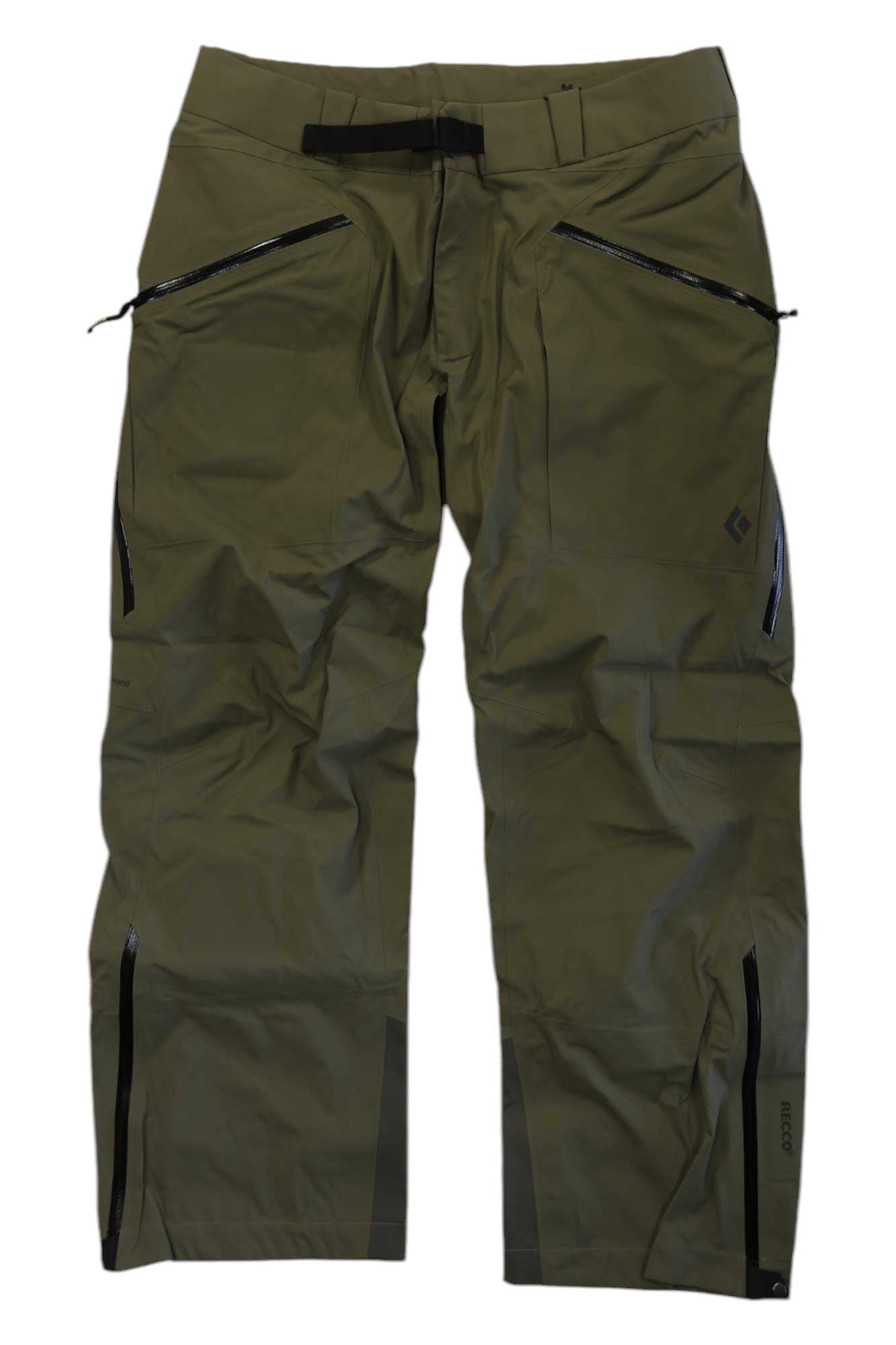 Black Diamond Mens Mission Pant in olive green with GORE-TEX waterproof fabric, multiple zippered pockets, and reinforced knees, shown laid flat on a white background.