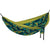 Hammock with lime green underside and teal geometric print, black suspension hardware