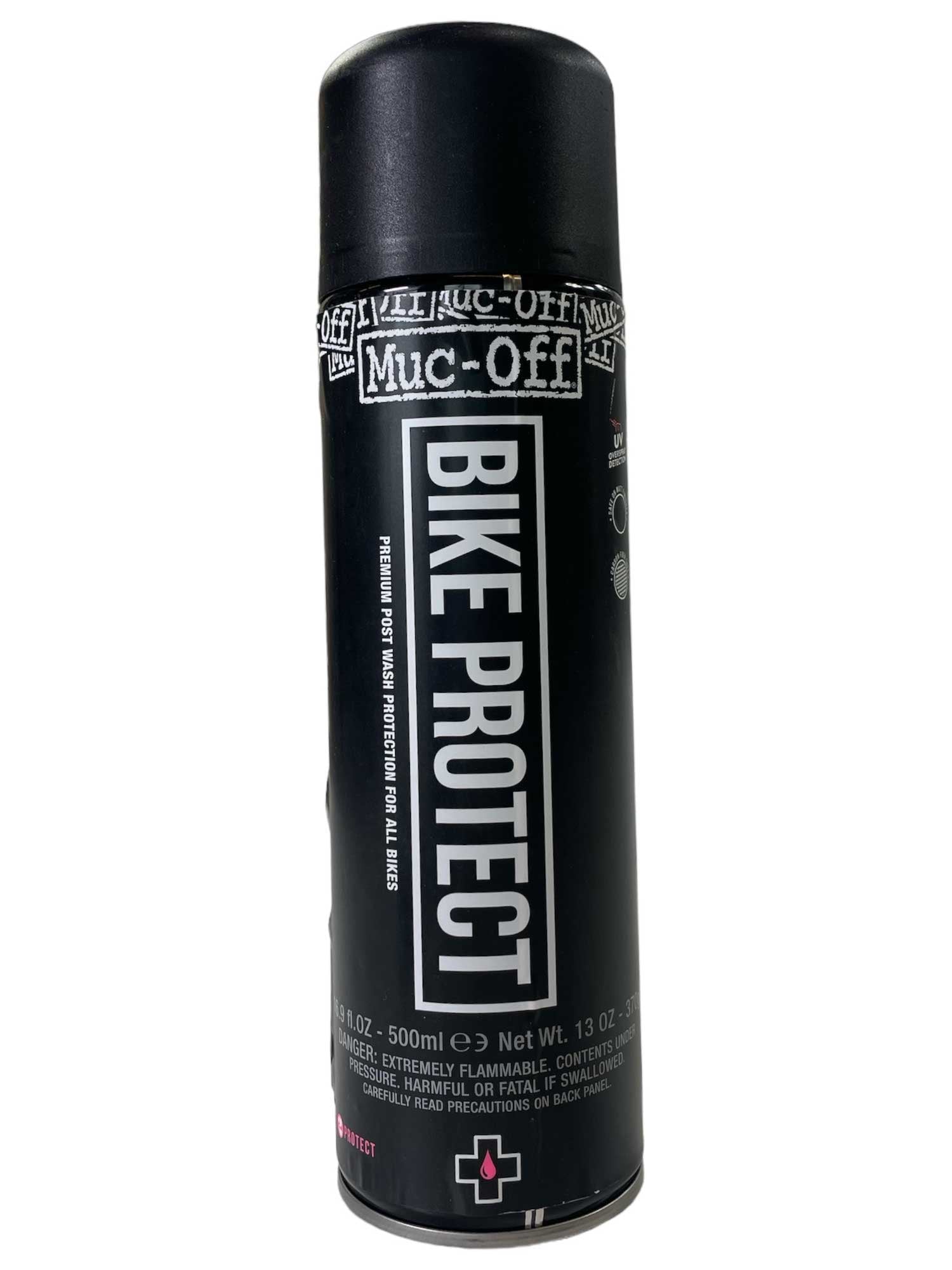 Muc-Off Bike Protect 500ml aerosol spray can, black with white label and cross icon