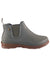 The Sweetpea Rain Boots are gray, waterproof ankle boots with a brown sole, elastic side panel, back pull tab, and a small circular logo near the ankle—ideal women's boots for rainy days.