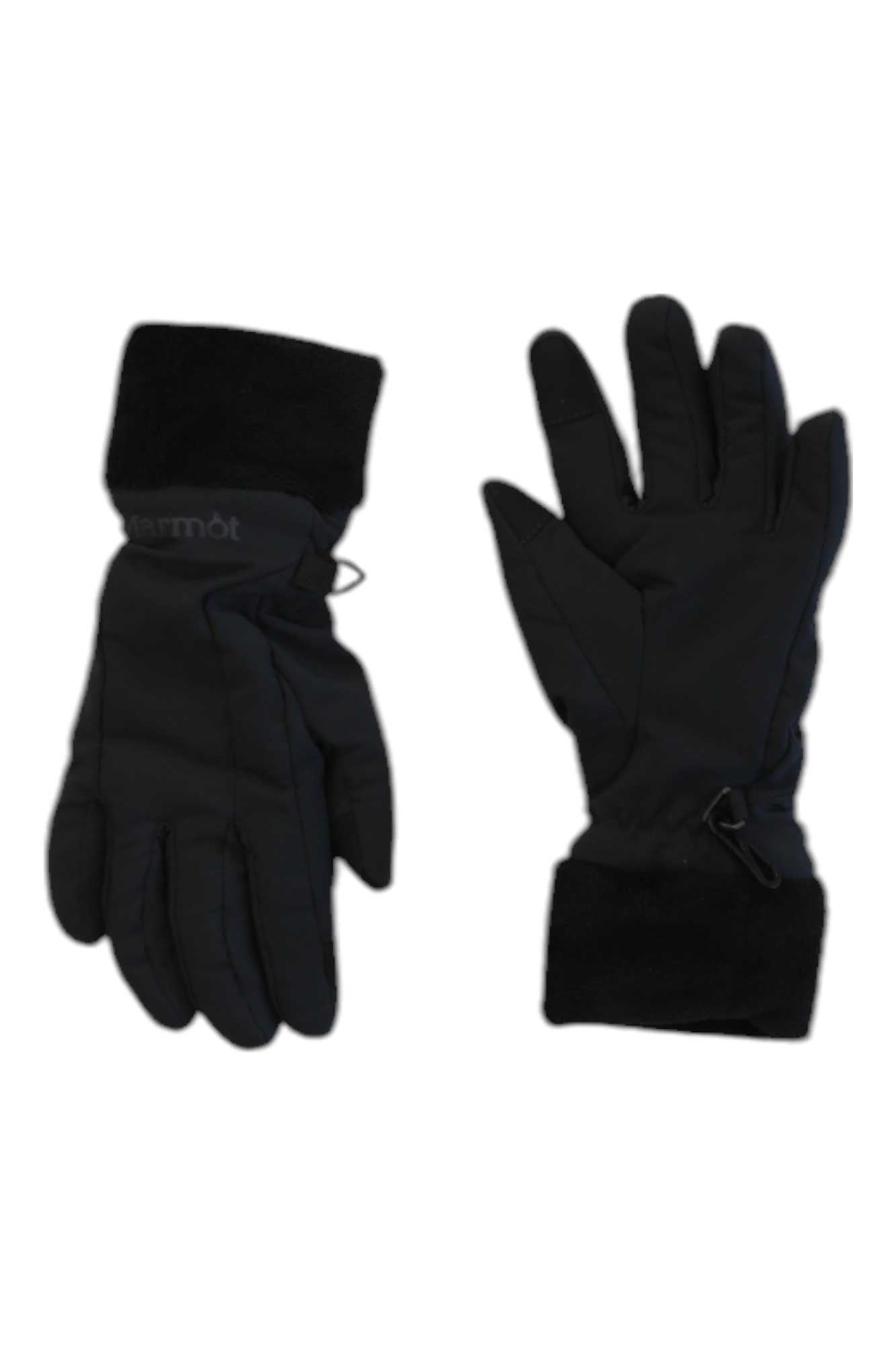 A pair of Marmot Womens Fuzzy Wuzzy Gloves is displayed on a white background, one showing the palm side and the other the back.