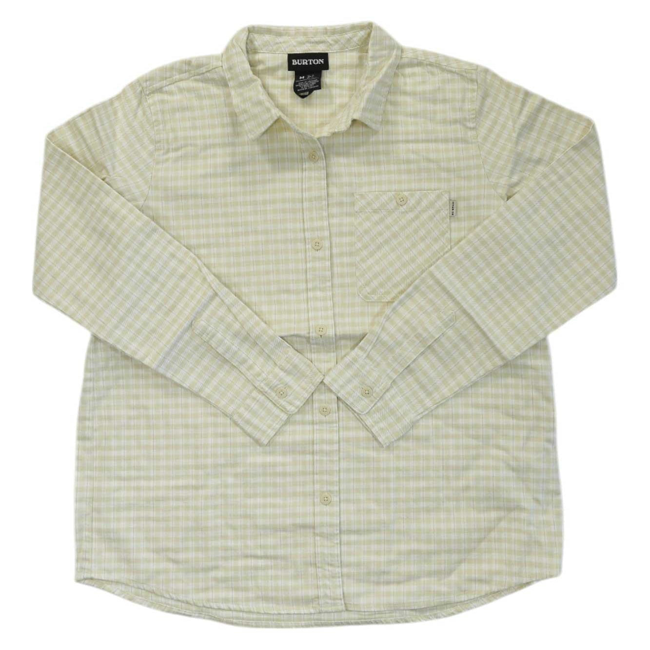 Burton women's flannel button-up shirt in pale yellow-green plaid, collared neck