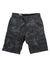 Men's dark charcoal camo stretch cargo shorts, 10-in inseam, button fly and belt loops