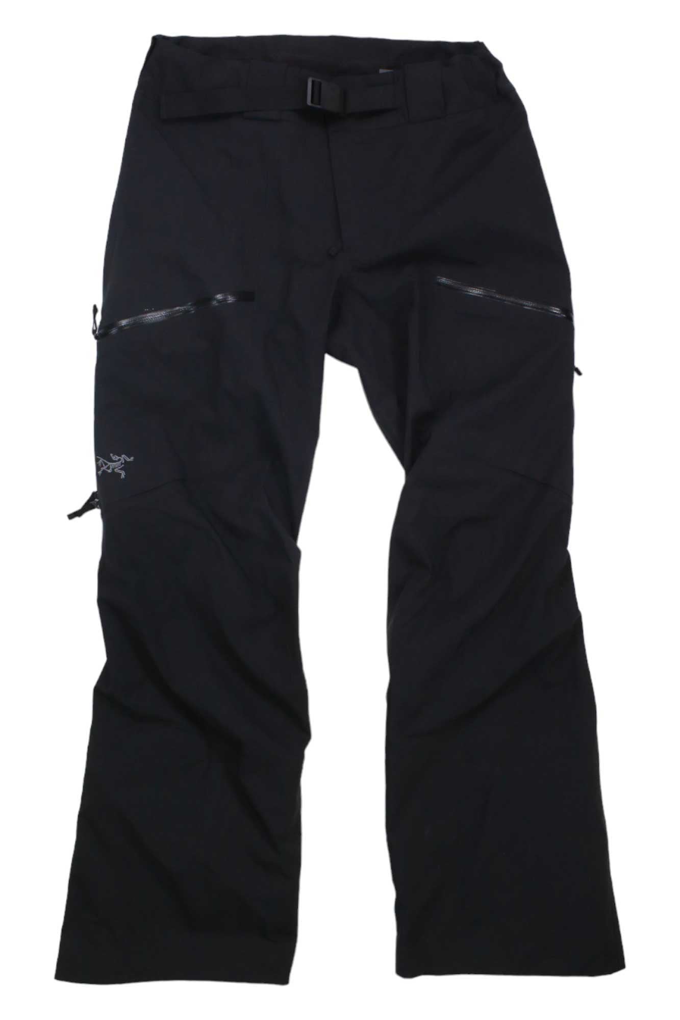 Arc'teryx Women's Sentinel Pant in black, featuring zippered pockets, a built-in belt, and logo on the left thigh. Pants shown laid flat on white background. Available only for US addresses.