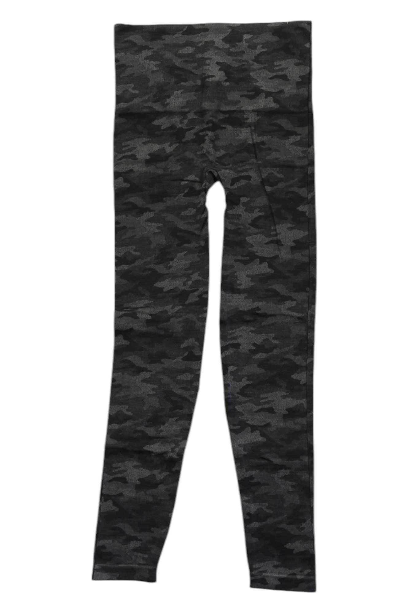 The Spanx Womens Look At Me Now Seamless Legging in black and gray camo features a high waist and tummy control, shown laid flat on a white background.