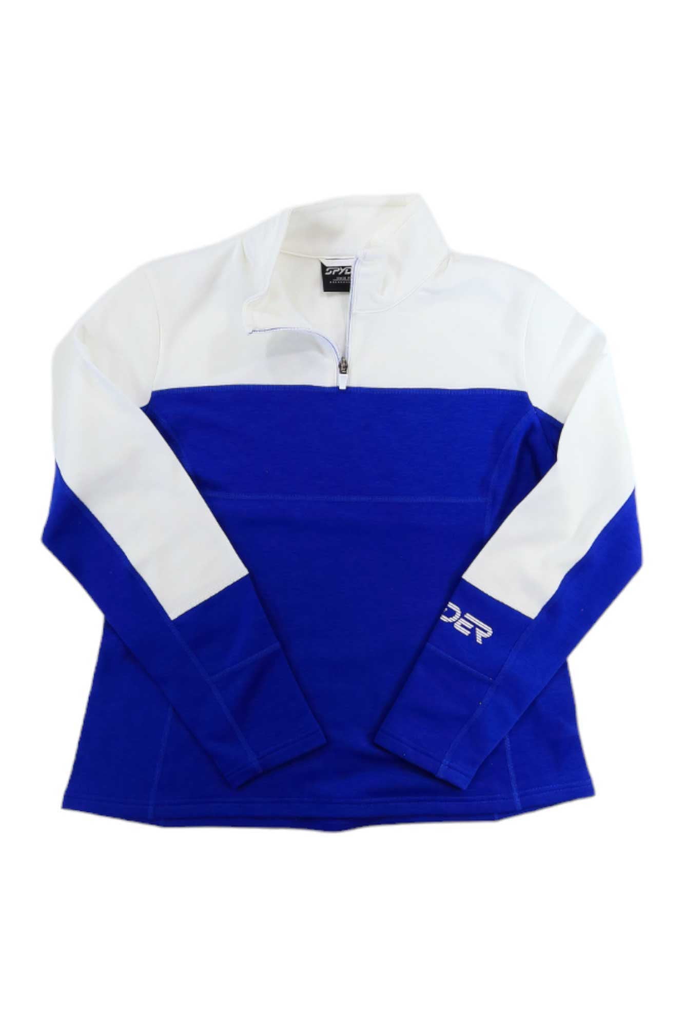 The Spyder Womens Speed Fleece 1/2 Zip Jacket is a long-sleeve pullover with a white top half, blue bottom half, quarter-zip collar, and SPYDER logo on the left sleeve—ideal as an insulated fleece for chilly days.