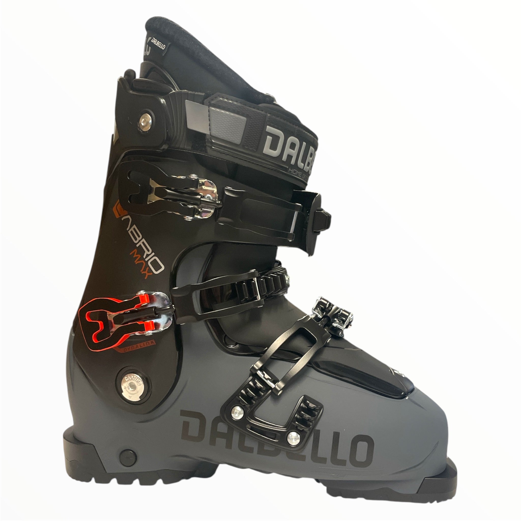 The Dalbello Cabrio Max IF Ski Boots in black and gray, designed for alpine and freeride performance, feature multiple adjustable buckles and a power strap. Shown in side profile against a white background.