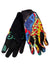 The Handup Glove is a mountain biking glove with red, yellow, and blue graffiti-style patterns on top, black Clarino leather palms, green lettering on one glove, and a small mask graphic near the wrist.