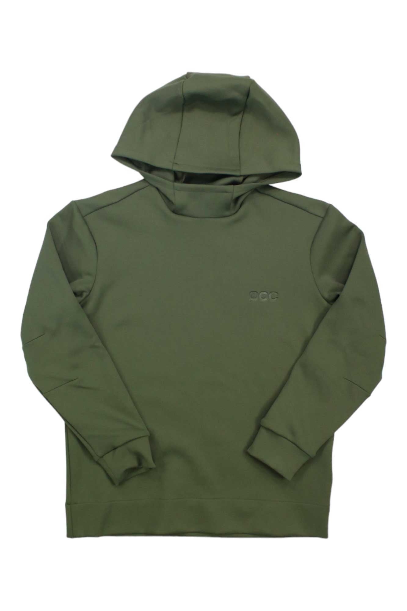 The POC Sports Youth Essential MTB Hoodie is an olive green kids' mountain biking sweatshirt with long sleeves, ribbed cuffs, and a subtle chest logo. Made from Japanese Delta-Peak polyester and shown laid flat on a white background.